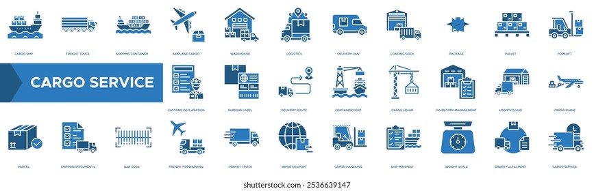 Cargo Service icon. Cargo Ship, Freight Truck, Shipping Container, Airplane Cargo, Warehouse