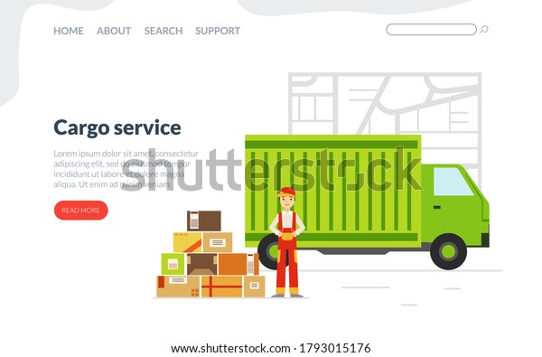 Cargo Service Landing Page Template,\
Delivery Truck with Cardboard Boxes and Male Courier, Fast Delivery\
Service Concept Flat Vector\
Illustration