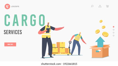 Cargo Services Landing Page Template. Worker Character Drive Hand Truck with Boxes and Arrow Up. Air Transportation, Storage Logistic. Export Import Merchandise. Cartoon People Vector Illustration