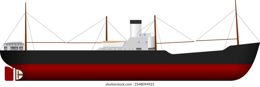 Cargo Ship with 4 Cranes. Side profile of an early 20th century cargo ship with derricks on deck. Isolated vector illustration.