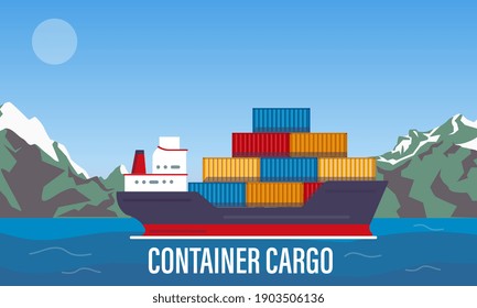 Cargo ship in bay, industrial vessel with containers freight in harbor shipyard, import and export maritime logistic service. Commercial ocean transportation concept. Flat cartoon vector illustration