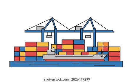 Cargo ship being loaded with colorful containers by large industrial cranes at a busy maritime port terminal.