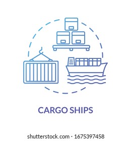 Cargo ship blue concept icon. Freight product distribution. Boat shipment. Marine logistic. Water vessel delivery idea thin line illustration. Vector isolated outline RGB color drawing