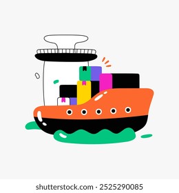 Barco de carga que lleva los contenedores en Ilustración vectorial plana que simboliza el envío global, la logística, y el transporte, aislado en el fondo blanco