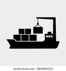 Cargo ship carrying containers loaded by a crane vector illustration