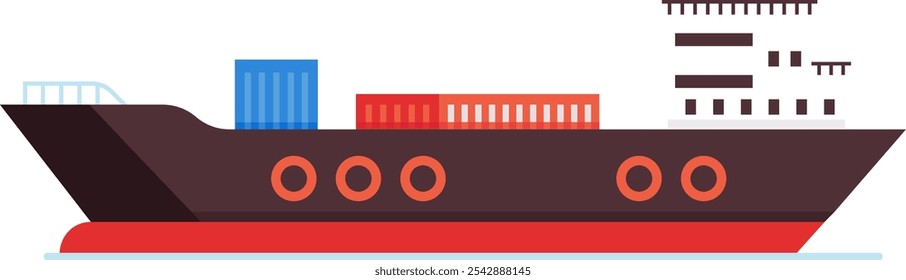 Cargo ship carrying containers navigating on water, transporting goods across the ocean in international commercial trade