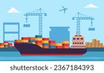 Cargo ship carrying goods logistic and transportation at seaport in flat design.