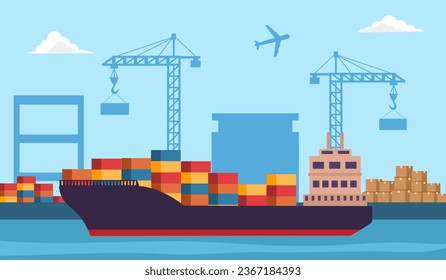 Cargo ship carrying goods logistic and transportation at seaport in flat design.