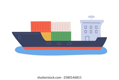 Cargo ship carrying multicolored containers. Hand-drawn style with detailed lines, representing global trade, logistics, and maritime transportation.