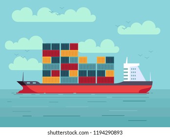 Cargo ship with colored containers in ocean or sea water vector illustration