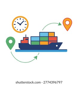 A cargo ship with colorful containers and location icons, symbolizing logistics and transportation. Efficient global shipping concept.