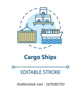 Icono de concepto de barco de carga. Distribución de productos de flete. Envío en barco. Logística marina. Ilustración delgada de la idea de la entrega de embarcaciones de agua. Dibujo de color RGB con contorno aislado por vectores. Trazo editable