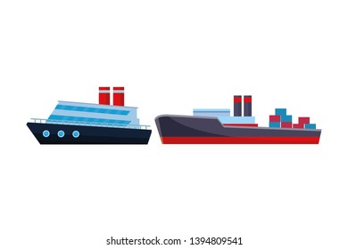 Cargo ship with container boxes and cruiseship