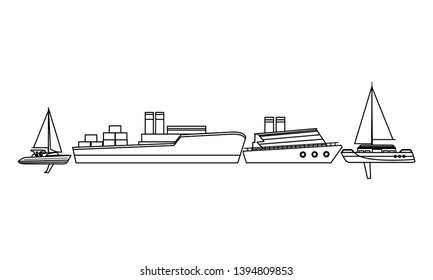 Cargo ship with container boxes cruiseship and sailboats black and white