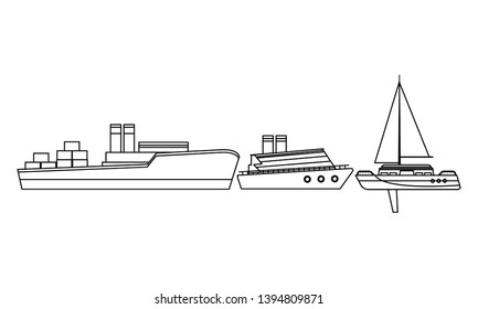 Cargo ship with container boxes cruiseship and sailboat black and white