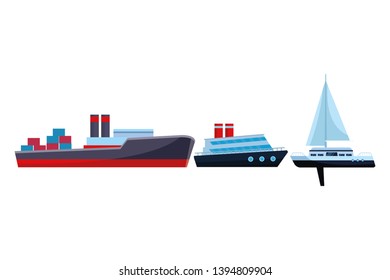 Cargo ship with container boxes cruiseship and sailboat