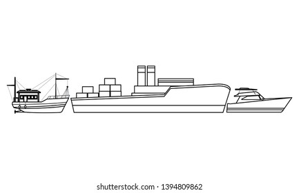 Cargo ship with container boxes fisher boat and yatch black and white