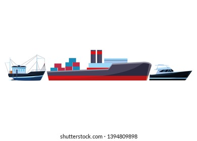Cargo ship with container boxes fisher boat and yatch