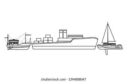 Cargo ship with container boxes fishing boat and sailboat black and white