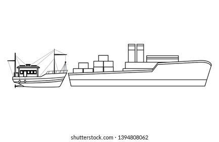 Cargo ship with container boxes and fishing boat black and white