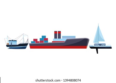 Cargo ship with container boxes fishing boat and sailboat