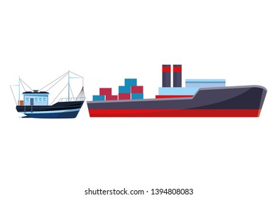 Cargo ship with container boxes and fishing boat
