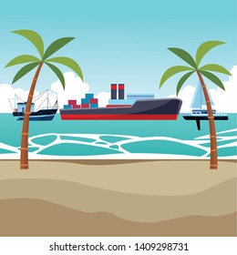 Cargo ship with container boxes steam pipes painted black and red fishing boat and sailboat palm trees background vector illustration graphic design
