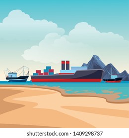 Cargo ship with container boxes steam pipes painted black and red and fisher boats beach shore background vector illustration graphic design
