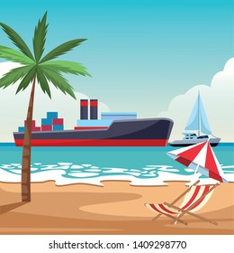 Cargo ship with container boxes steam pipes painted black and red and sailboat beach shore umbrella and chair with palm tree background vector illustration graphic design