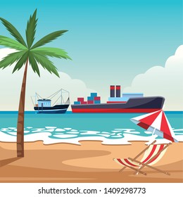 Cargo ship with container boxes steam pipes painted black and red and fishing boat beach shore umbrella and chair with palm tree background vector illustration graphic design