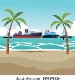 Cargo ship with container boxes steam pipes painted black and red cruiseship and sailboats palm trees background vector illustration graphic design