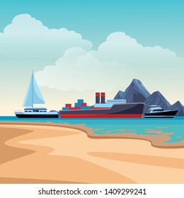 Cargo ship with container boxes steam pipes painted black and red sailboat and yatch beach shore background vector illustration graphic design