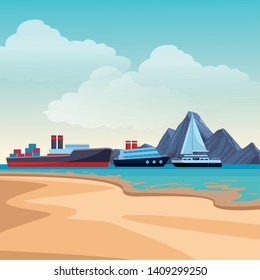 Cargo ship with container boxes steam pipes painted black and red cruiseship and sailboat beach shore background vector illustration graphic design