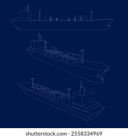 cargo ship container contour set, tanker ship in the ocean transportation, shipping freight transportation. illustration vector