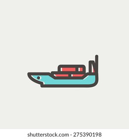 Cargo ship with container icon thin line for web and mobile, modern minimalistic flat design. Vector icon with dark grey outline and offset colour on light grey background.