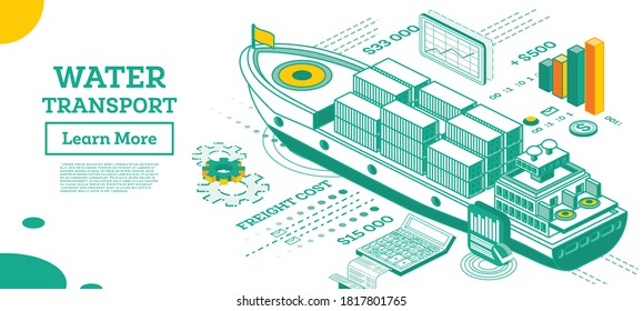 Cargo Ship Container. Isometric Commercial Water Transport. Vector Illustration. Infographic Element Of Logistics System. Shipping Freight Transportation. Logistics And Delivery Concept.