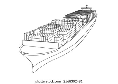 Cargo Ship Container line art vector illustration isolated on white background. Container cargo vessel freight, Global business import export commercial trade logistic 