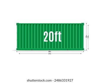 Cargo ship container mockup with dimensions scheme. Delivery, transportation. Green storage shipping metal container 20ft size side view. Reusable large steel freight box vector illustration isolated