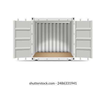 Cargo ship container mockup empty inside view. White storage shipping metal container with open doors. Delivery, transportation. Reusable large steel freight box vector illustration isolated