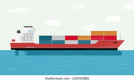Cargo Ship Container in the Ocean Transportation, Shipping Freight Eransportation. Vector Illustration.