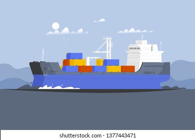 Cargo ship container in the ocean transportation.Delivery service concept.Flat vector illustration