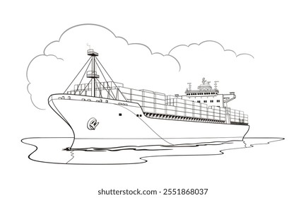 Cargo Ship (container ship) in outline vector illustration isolated on white background, eps