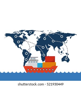 cargo ship with container over world map network background. export and import concept. colorful design. vector illustration