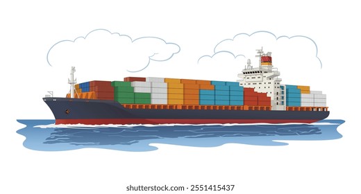 Barco de carga (barco de contenedores) navegando en el océano, Ilustración vectorial aislada sobre fondo blanco, eps