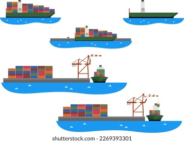 Cargo ship, container wharf, container crane, sea logistics set
