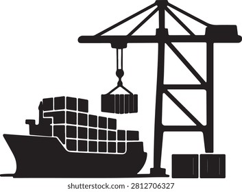 cargo ship with containers being loaded silhouette vector