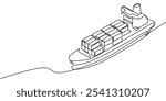 Cargo Ship with Containers. Continuous One Line Drawing Illustrating International Transport and Global Trade Concepts.