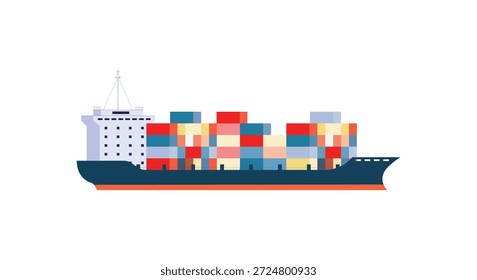 Buque de carga con contenedores. Entrega, transporte de carga de envío. Comercio mundial y logística. Importación, exportación aislada sobre fondo blanco.