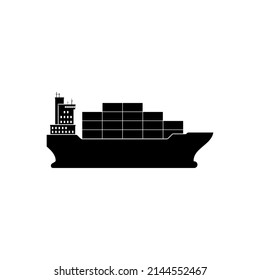 Barco de carga con icono de contenedores aislado en fondo blanco. Transporte de mercancías con envío de contenedores cargado. Importación y exportación del servicio logístico marítimo. Concepto de entrega internacional. Vector
