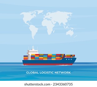 Frachtschiff mit Containern im Meer. Lieferung, Versand Güterverkehr. Globales Logistiknetz. Import, Export. Vektorgrafik